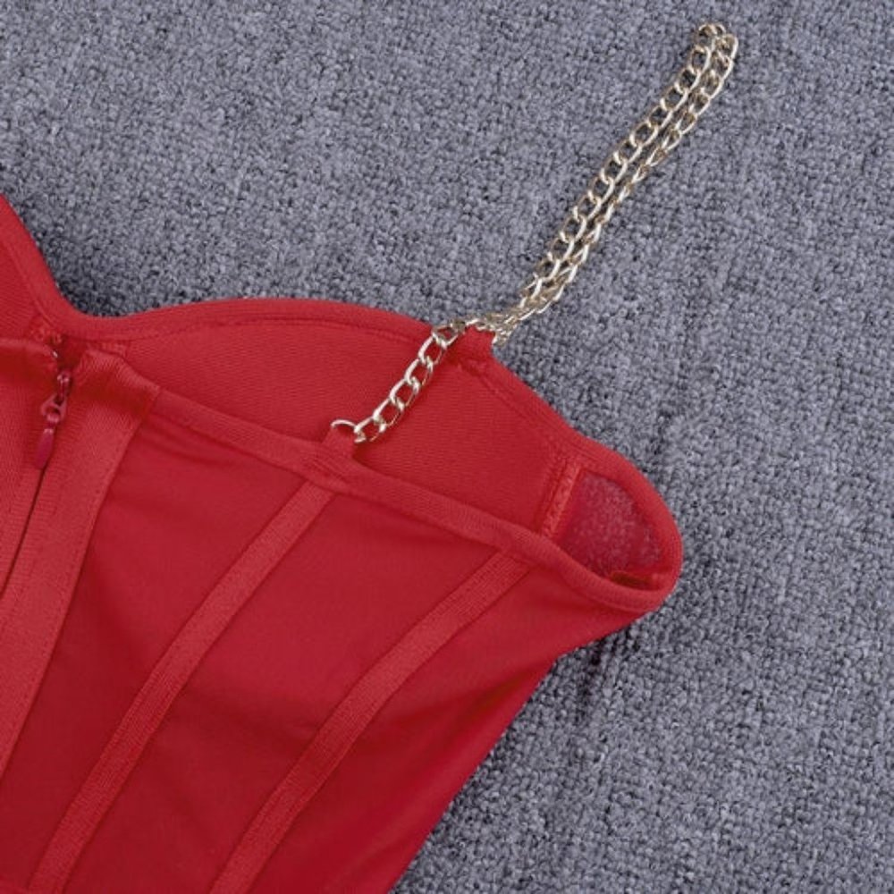 Red Top Chain Link Bandage Body Con Short Dress - Picture 14 of 14